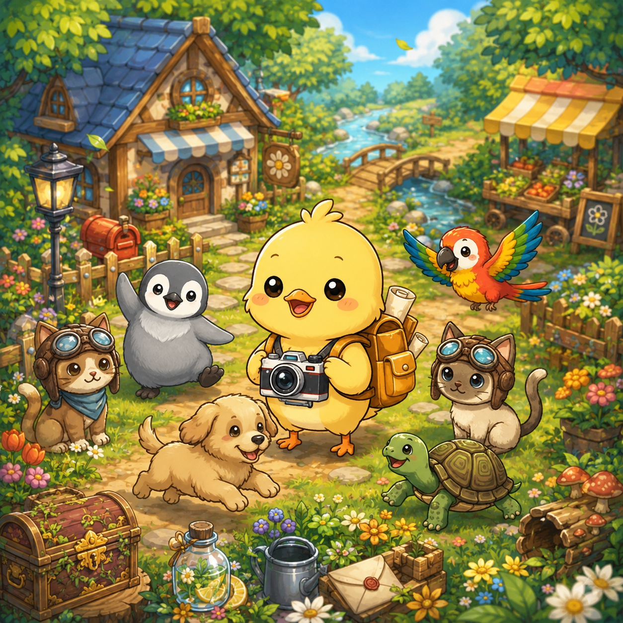 Insight Town residents and pets gathered in the village